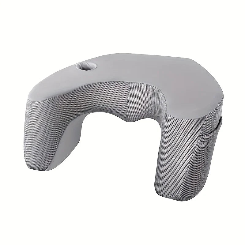 Light grey ergonomic lap pillow with arm rests on white background