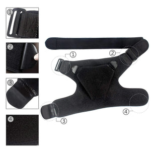 Shoulder brace laid flat with strap and pad details
