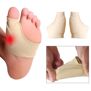 Bunion sleeves shown on foot and flat, with fitting detail