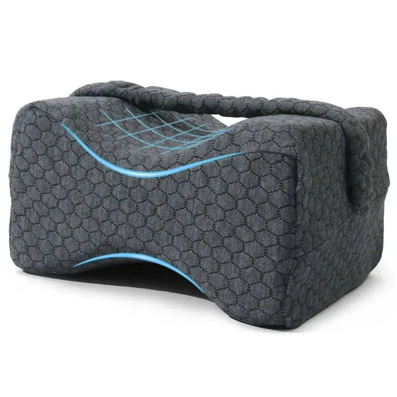 Grey memory foam knee pillow with strap