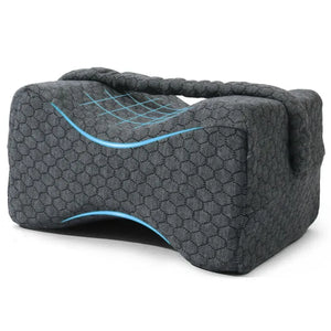 Grey memory foam knee pillow with strap