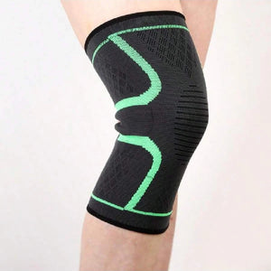 Green knit knee compression sleeve worn on the knee