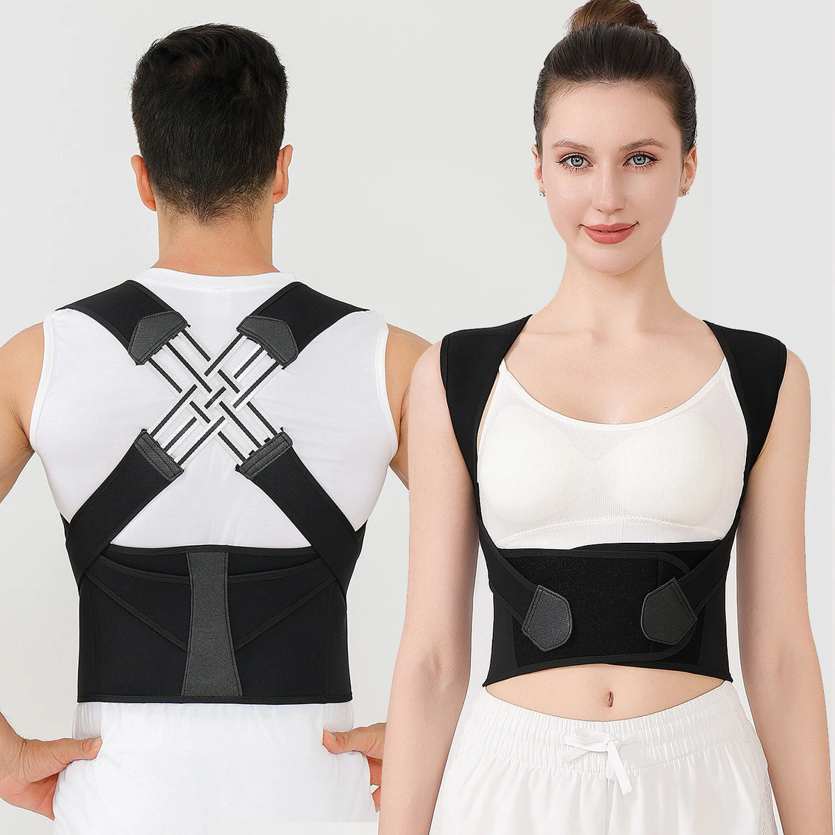 Man and woman wearing the black posture brace, back and front views