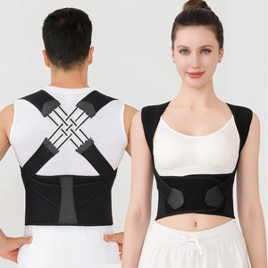 Man and woman wearing the black posture brace, back and front views