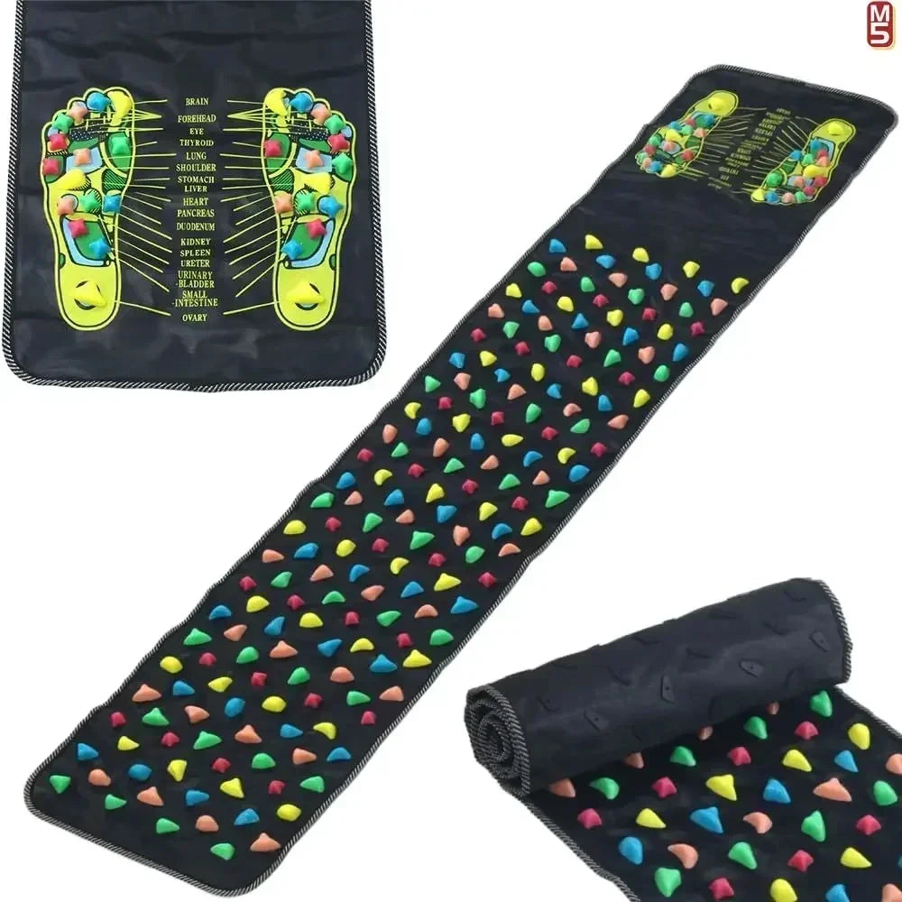 Reflexology mat range showing square and long mats, black with coloured stones
