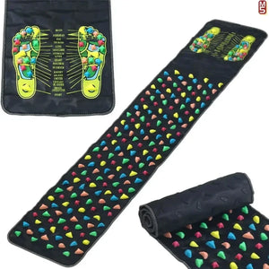 Reflexology mat range showing square and long mats, black with coloured stones