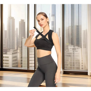 Woman wearing the posture trainer in a bright office