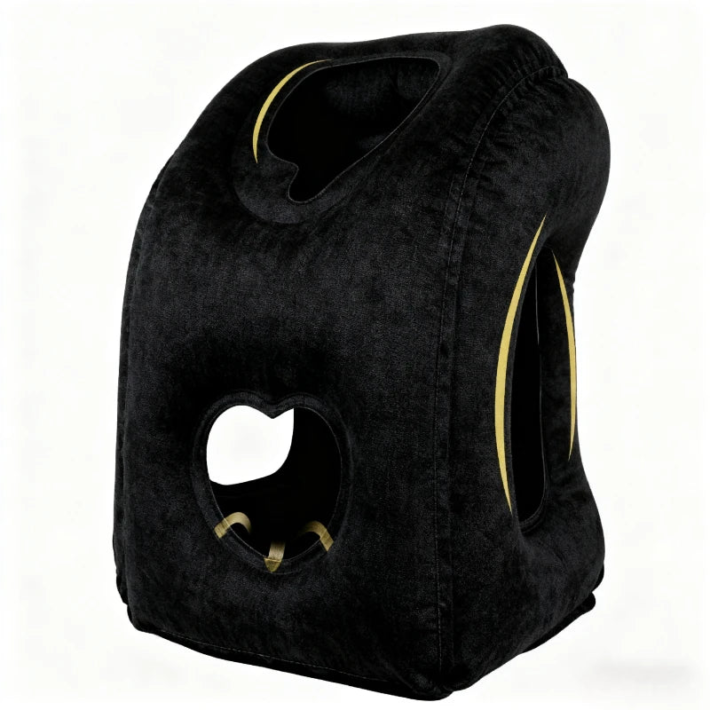 Black inflatable travel pillow on white background