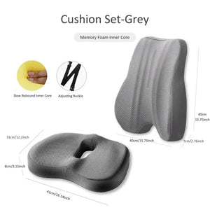 Grey seat cushion and lumbar cushion set with dimensions