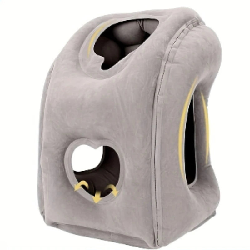 Grey inflatable travel pillow with face rest and arm openings