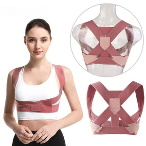 Front view of the pink posture brace worn with sports bra