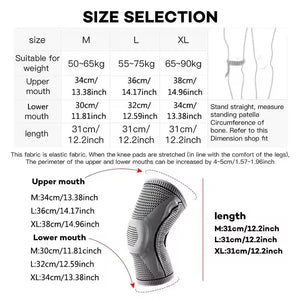 Knee sleeve size chart with weight and leg measurements