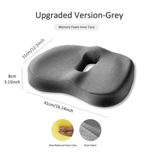 Grey seat cushion with coccyx cut-out and dimensions