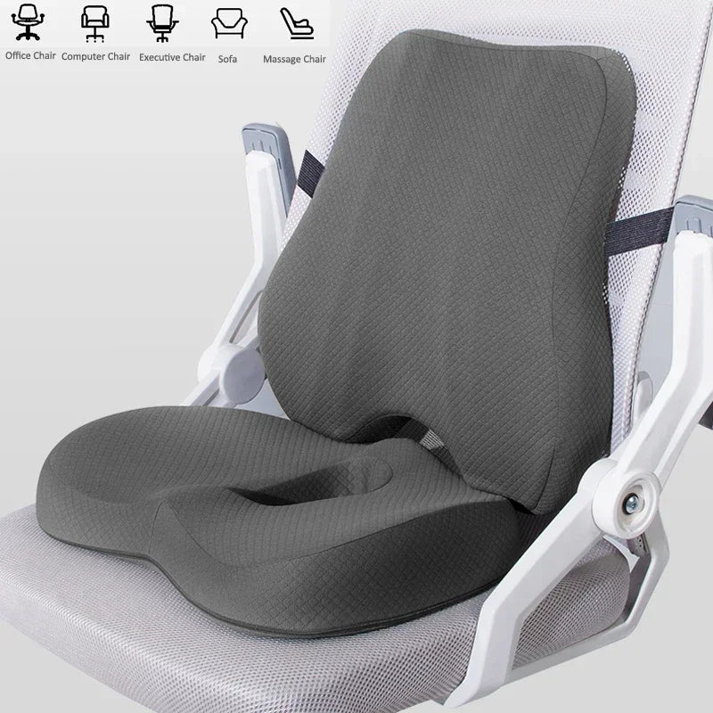 Grey memory foam seat cushion and lumbar cushion on an office chair