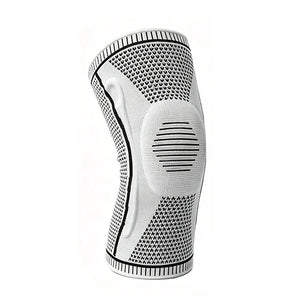 Grey knee compression sleeve on white background
