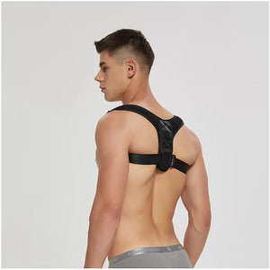 Man wearing the posture trainer across the shoulders, side view