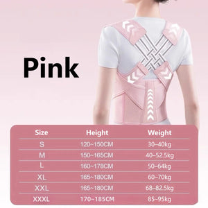 Pink posture corrector brace variant with size chart
