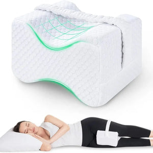 White knee pillow with small inset of side sleeper using it