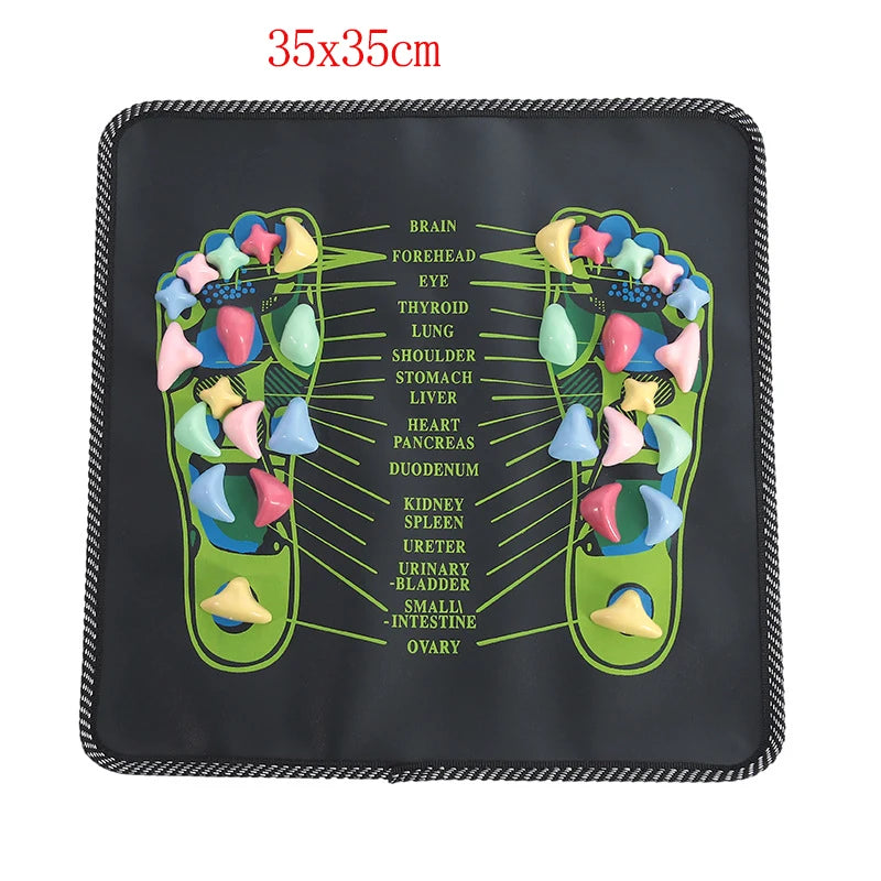 Square reflexology foot massage mat with coloured pebbles and foot map