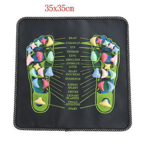 Square reflexology foot massage mat with coloured pebbles and foot map