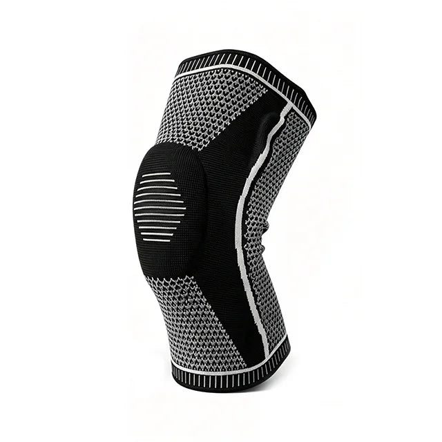 Black knee compression sleeve on white background