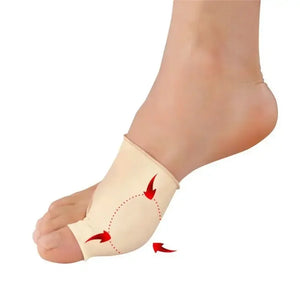 Side view of foot wearing the bunion protector sleeve