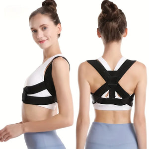 Woman wearing the black posture brace, front and back views