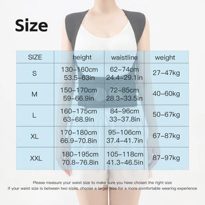 Posture brace size chart with height, waist and weight